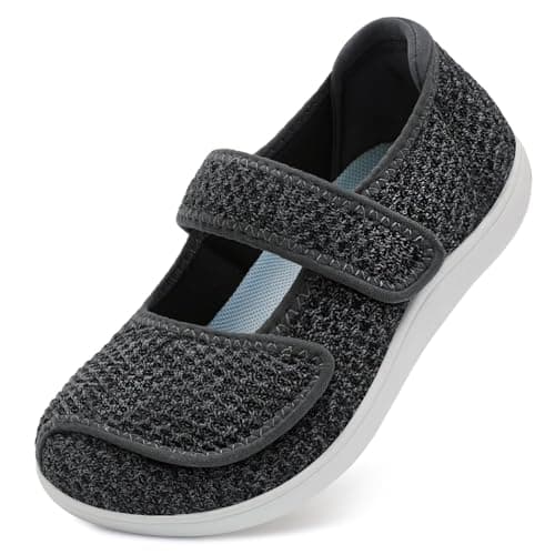 JOINFREE Womens Wide Fit Comfort Walking Shoes Mary Jane Black Grey