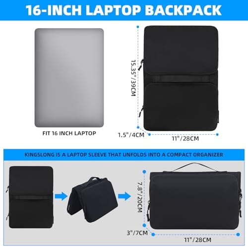 KINGSLONG Foldable Laptop Bag with Organizer: 15.6 Inch Water-Resistant Travel Tech Pouch All-in-One Electronic Organizer for Laptop, Charger, Cables, Phone, Power Bank – Black — view 2