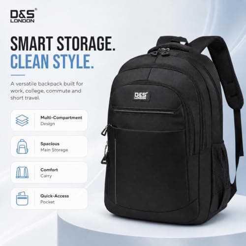 D&S London Laptop Backpack for Men & Women - Weatherproof Travel Rucksack for Work, School & Business - 15.6-17 inch Laptop Bag, Large 30L Capacity, Anti-Theft Flight Cabin Bag (Grey),Black — view 2