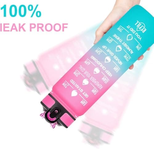 1L Water Bottle with Straw & Time Marker, BPA Free Leakproof Water Bottle, Reusable Sports Water Bottle with Carry Handle for Gym, Fitness, Cycling, School, Office & Outdoor, Pink & Blue — view 3