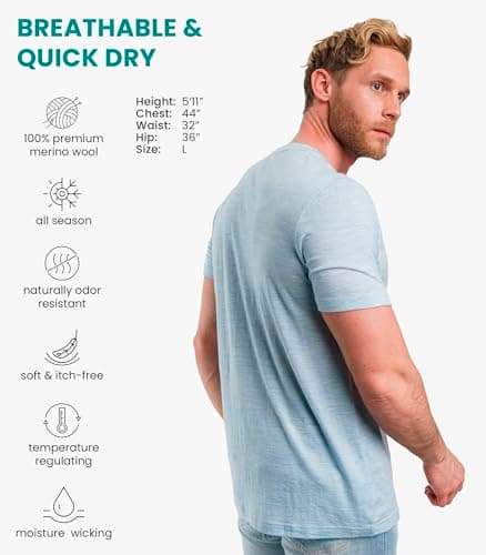 100% Merino Wool T Shirt Mens - Merino Wool Base Layer Men + Hiking Socks (Arctic Blue, X-Large) — view 2