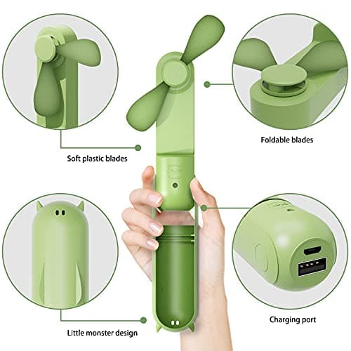Hand Held Fan, Portable USB Rechargeable Mini Handheld Cooling Device, Folding Design, Battery Driven With Mobile Power Supply for Home Travel Outdoor (Green) — view 5