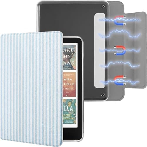 Litvana Detachable Magnetic Case for 7'' Kindle Paperwhite 12th Gen 2024 and Kindle Colorsoft Signature Edition, Slim PU Shell Cover Case with Auto Wake/Sleep, Blue and White Stripes