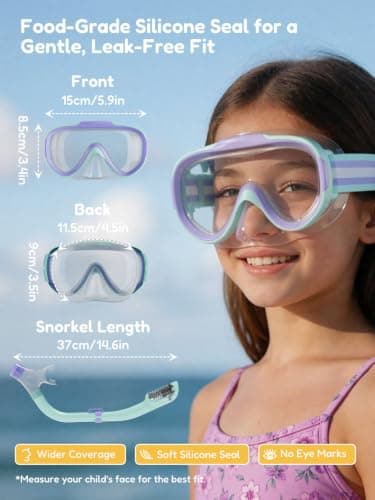 ACURE Kids Swim Goggles for Boys Girls Ages 3-14, Anti-Fog Snorkel Mask Set with Nose Cover and Fabric Strap Children Diving Mask in Swimming Pool for Youth (Pink & Mint/Purple, Mask & Snorkel Set) — view 6