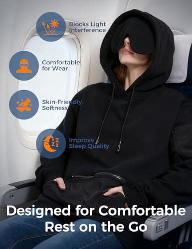 Relexit Travel Hoodie with Eye Mask Built In Sweatshirt for Airplane Sleep and Long Trips, Soft Comfy Pullover, Black, Medium — view 2