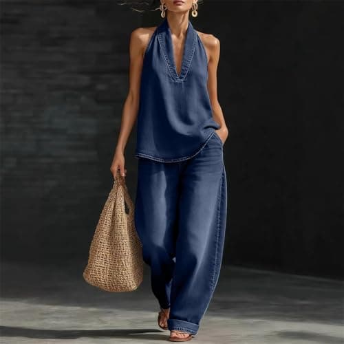 Travel Outfit Airport Set Women Airport Two Piece Outfit Women Uk Denim Co Ord Sets Sleeveless Short Sleeve Blouses Wide Leg Jeans Casual Ladies Travel Suits Womens Summer Cotton Lounge Wear — view 2