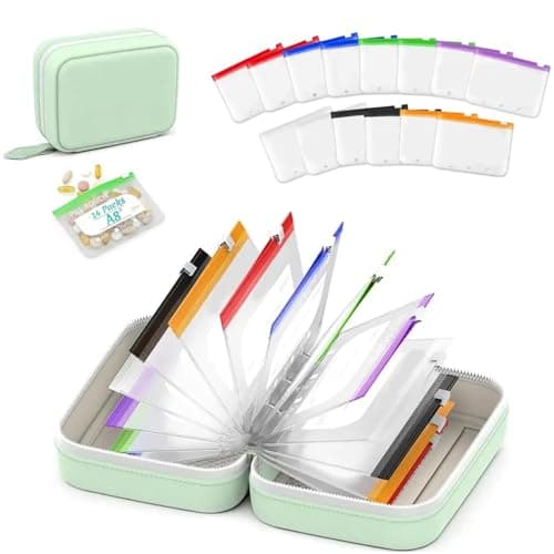 A8 Waterproof Pill Organizer Set with 14 Color-Pill Pouches, 7-14 Day Travel Pill Organizer Pouch, Large Weekly Travel Medicine Organizer, Portable Reusable Binder Design Zippered Pill Storage Box