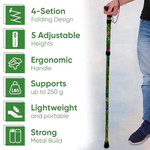 PLASTIFIC Walking Stick, Easy Adjustable Height Folding Extendable Walking Cane, Lightweight Flexible and Durable Walking Aid Mobility Aid Collapsible Walking Stick (Green Flower) — view 5