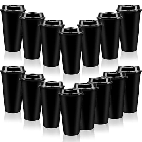 YFNVH 15 Pack Black Reusable Coffee Cups with Lids, 450 ml Plastic Tumblers