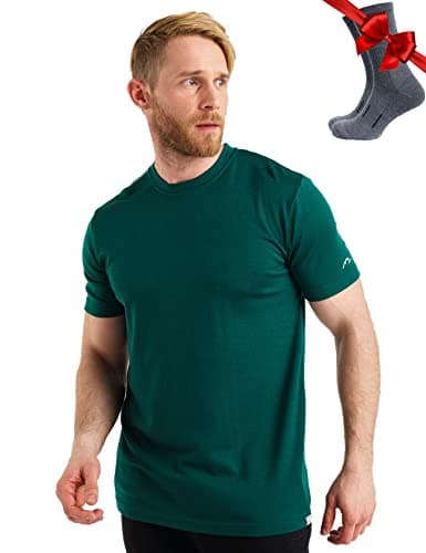 100% Merino Wool T Shirt Mens - Merino Wool Base Layer Men + Hiking Socks (Large, Emerald Green)
