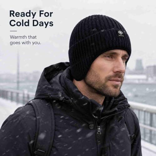 Beanie Hat, Fleece-Lined Rib-Knit, Ear Coverage, Navy, 1-Pack, 50–58 cm — view 4