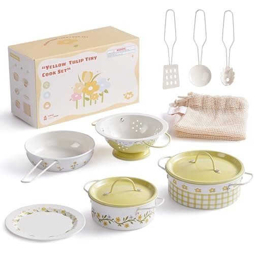 ROBUD Pots and Pans Playset, 8PCS Toy Kitchen Accessories Utensils Set, Kids Kitchen Cooking Set for Pretend Play Food, Kids Gifts for Girls Boys 3 Year Old +, Yellow