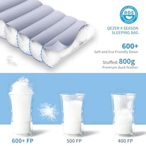 QEZER Down Sleeping Bag 4 Season, Lightweight Winter Sleeping Bag 7 Degree to -2 Degree for Adults and Kid Camping, Hiking and Backpacking Outdoor Filled 600+FP Down (sapphire800) — view 4
