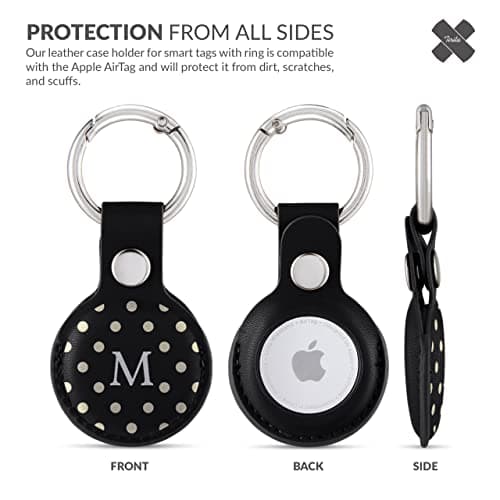 Tirita Personalised Case Keyring Holder Compatible with Apple AirTag 1 & 2 - Leather Case with Key Ring for Apple Air Tag [23- Polka Dots Name on Black] — view 3
