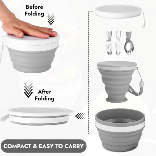 INVEAH Camping Plates and Bowls Set - 7 Pcs Foldable Travel Cutlery Utensils for Picnic Outdoor - Camping Mess Kit Include Stainless Steel Knife, Spoon, Fork Cutlery Set, Cup, Bowl, Plate with Bag — view 5