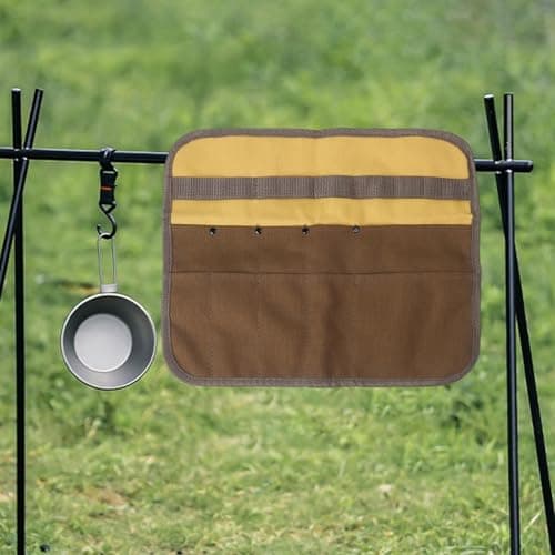 TONIXY Camping Utensil Storage Bag, Canvas Multi Pocket BBQ Tool Roll Pouch for Outdoor Cooking, Picnic, Travel, Brown — view 3