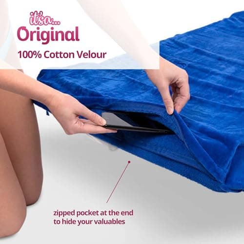 ITSA Velour Beach Towel with Pockets & Handles | 100% Cotton Foldable Sun Lounger Cover | Carry Bag | Secure Storage Beach Towel (Coral Pink) — view 5