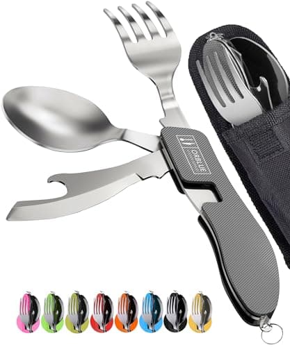 ORBLUE 4-in-1 Camping Cutlery Set 2-Pack – Stainless Steel Foldable Spoon Fork Knife Bottle Opener with Pouch – Portable Travel Cutlery & Camping Utensils for Hiking & Outdoor Use – Gray