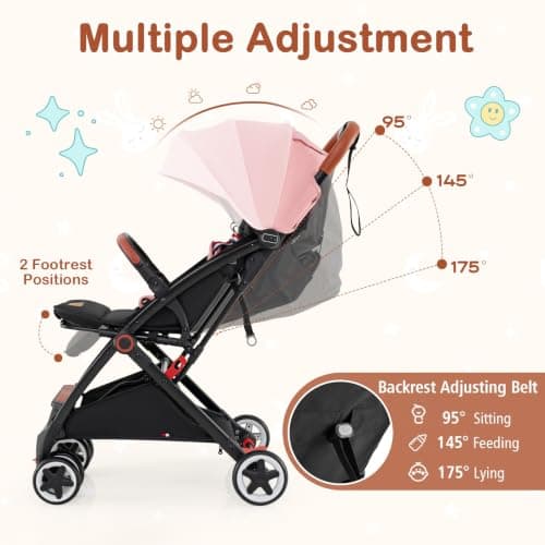 Foldable Baby Stroller, Lightweight Toddler Travel Pushchair for Airplane, Compact Infant Buggy with 5-Point Harness, Adjustable Backrest Footrest Canopy, Storage Basket (Coral Pink) — view 3