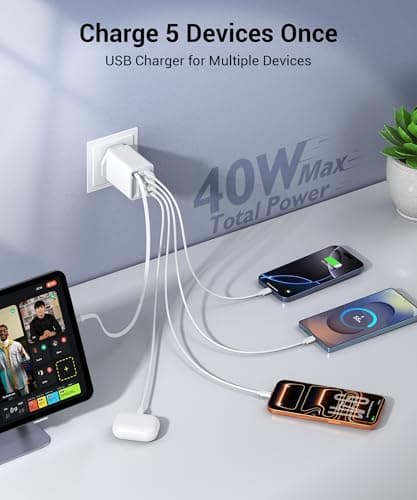 5-in-1 Retractable Gan Wall Charger Plug,40W USB C Fast Charger Block with 2.3ft Retractable Type C Cable,Multiport Phone Charger Travel Essentials Brick Power Adapter for iPhone 17/16,Galaxy S25/S24 — view 2