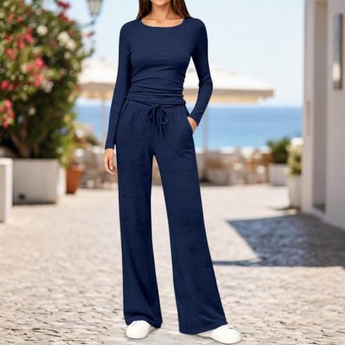Travel Sets for Women Clothes Wrinkle Free Co Ord Sets for Women Loungewear Tracksuits Long Sleeve Ruched Top and High Waisted Wide Leg Pants Travel Jogging Gym Home Lounge Wear Y2K Going Out Outfits — view 2