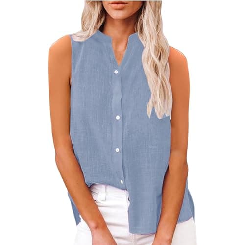 Womens Cotton Linen Casual Tank Tops Oversize Sleeveless V Neck Solid Color Button Down Shirts Ladies Summer 2025 Vacation Travel Trendy Blouses Plus Size Light Blue — view 3