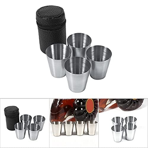 Yinhing Drinking Glass Glasses Drinking Gla Portable Stainless Steel Tea Coffee Cup Set 30ml Beer Mug Travel Mugs with Leather Bag for Camping Picnic and Outdoor Activities (4 Pack) — view 2