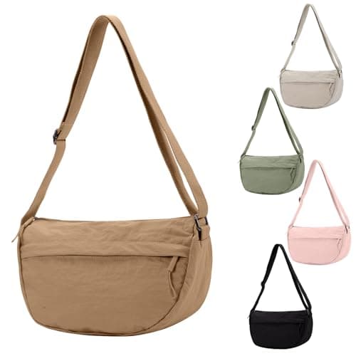 Crescent Bag Crossbody Bags for Women Trendy Small Nylon Fanny Pack Sling Hobo Bag Soft Casual (Khaki)
