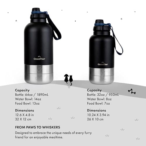GrandTies Insulated Portable Dog Water Bottle with 2 Detachable Dog Water Bowl Dispenser | Leak-Proof Dog Food Travel Container | Dog Accessories for Dogs Walking, Hiking, Camping (32oz, Matte Black) — view 5