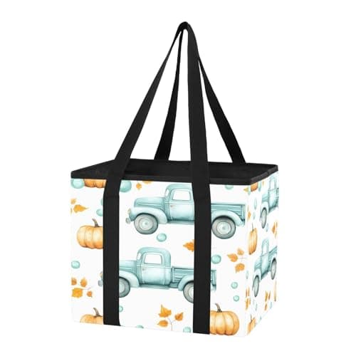 Quteprint Car Trunk Organizer, Turquoise Vintage Trucks Pattern 600D Oxford Foldable Storage Bag with Handles, 13.0x10.8x10.2in, Portable Collapsible Container for Groceries, Kitchen, Picnic & Travel