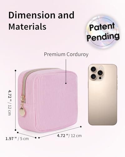 Wandering Nature Small Makeup Bag for Purse Zipper Cosmetic Bag for Women Pouch Travel Eco Vegan Leather Make Up Organizer for Toiletry Bag Water Resistant Gift Idea, Black, Corduroy Pink, Mini, — view 3