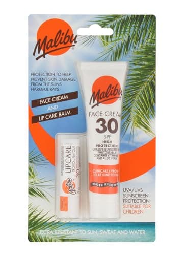 Malibu Sun SPF 30 Face Cream and SPF 30 Lip Balm Duo, High Protection Sun Cream, Water Resistant, Vitamin Enriched, 2 pack