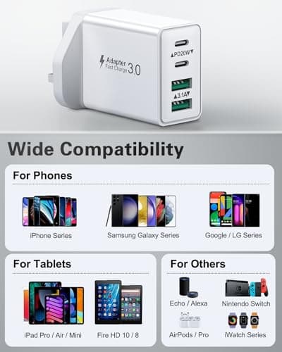 2-Pack 40W USB C Plug, Multi UK USB Plug Fast Charger Plug Multiple Charging Head 4-Port Dual Type C Power Adapter Multiport Wall Plug for iPhone 16 15 14 13 12 11 Pro Max Plus X XS XR 8,iPad,Samsung — view 6