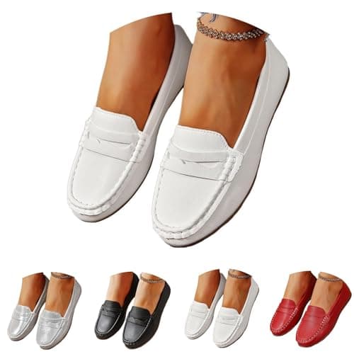 Leather Penny Loafers for Women Slip‑On Flats Pumps Moccasin (White 5 UK) — view 6