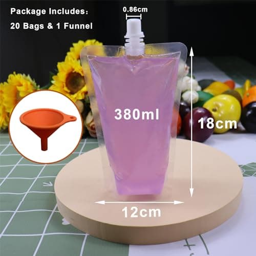 Yelinosk 20Pack Clear Drink Pouches 380ml with caps and Funnel for Festivals,Leak Proof Alcohol Juice Liquid Pouches Bags, Beverage Bags, Plastic Hip Flask for Parties, Picnic, Travel, Sports — view 2