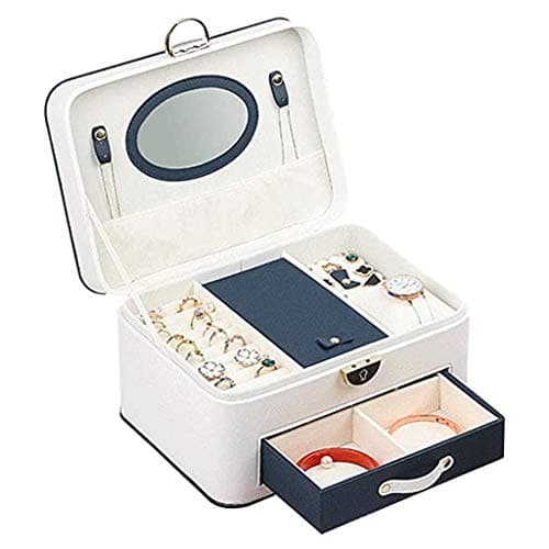 OZBMA Jewellery Organizer for Women Multi-Layer Travel es with Mirror and Lock Earrings Necklaces Rings Bracelet Boxes (25X18.5X13.5cm) (Color : Blue) (White) (White) — view 3
