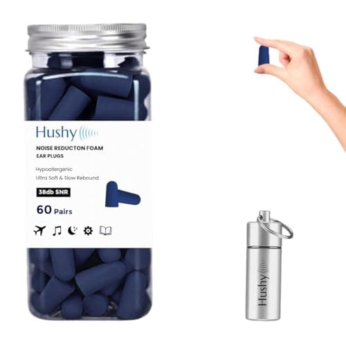 Hushy Premium Foam Earplugs for Sleep & Noise Cancelling – 120 Pack Ultra-Soft Hypoallergenic Ear Plugs 38dB SNR for Sleeping, Studying, Travel & Work with Carry Case (Royal Blue).