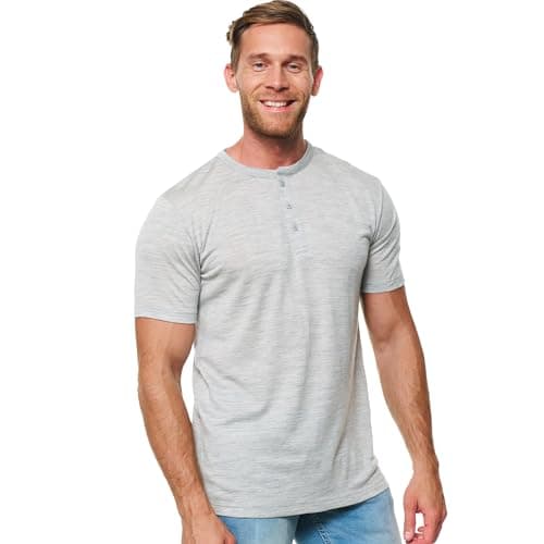 100% Merino Short Sleeve Shirts Men, Henley T-Shirt Mens, Shirt with Pocket (Medium, Heather Grey Hnly)