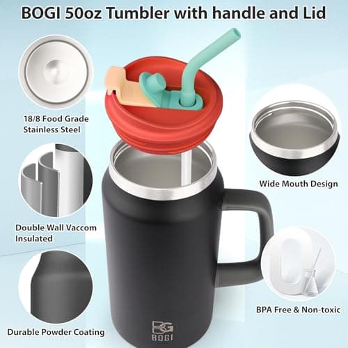 BOGI 50oz Tumbler with Straw and Lid,Large Capacity Travel Mug with Handle Insulated Stainless Steel Water Bottle Cup Keep Cold and Hot for Tea Coffee, Leak-Proof, BPA-Free, Non-Slip | Black — view 4