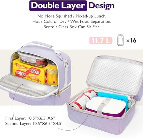 Hihealer 2 Tier Lunch Bag 26x16x26cm Women with Stylish Vegan Leather - Large Leakproof Insulated Cool Bag with Removable Adjustable Strap for Work Picnic, Christmas Gifts for Women (Lavender Purple) — view 4
