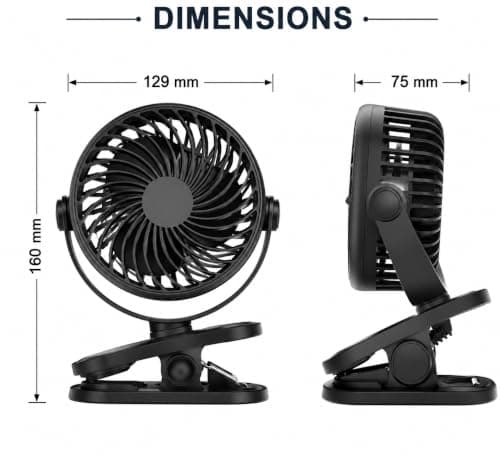 2 Pack USB Rechargeable Clip On Desk Fan, Portable Mini Cooling Fan with 3 Speed Settings, 360° Adjustable Head, Strong Clamp, Quiet Personal Fan for Office, Bedroom, Baby Stroller, Camping, Black — view 6