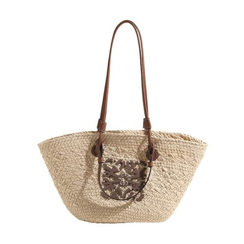OPLKIOP Straw Shoulder Bag - Women's Woven Straw Handbag - Large Summer Beach Leather Tote With Zipper-White