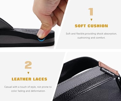 KuaiLu Leather Flip Flops Men Support Thong Sandals Shower Dark Black 9 — view 5