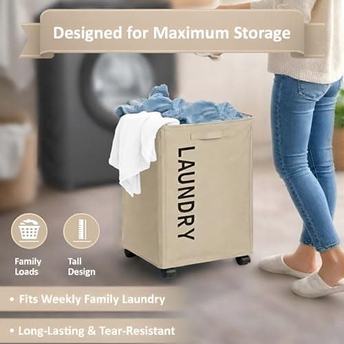 Large 80L Rolling Laundry Hamper | Foldable Clothes Basket with Wheels | Freestanding Washing Bin | Moisture Proof Oxford Fabric Storage Organizer |Beige — view 4