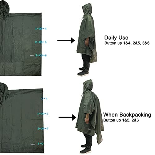 Azeekoom Rain Jacket Rain Poncho, Raincoat Waterproof Unisex Camping Tent Camping Blanket 3-in-1 Multifunctional Rain Cape for Outdoor Picnic Trekking Camping Fishing Hunting Trip(Green) — view 5