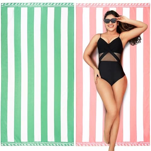 Winthome 2 Pack Beach Towel for Adults - Large Microfibre Beach Towel Quick-Dry, Sand Free, Lightweight, With Bag for Beach, Pool, Camping, Yoga & Outdoor Green + Pink 90×180cm