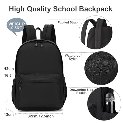 TECPEX Black Backpacks for School Teenager Men and Boys Lightweight Nylon Classic Casual Rucksack for Travel — view 2