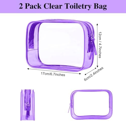 PLULON 2 Pack Clear Travel Toiletry Bag, TSA Approved Toiletry Bag Clear Makeup Bag Quart Size Portable Cosmetic Bags Carry on Travel Accessories Bag for Women Men - Purple — view 2