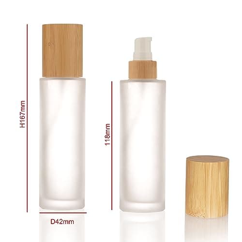 COSIDEA 4pcs Empty 3.33oz / 100ml bamboo lids Frosted glass bottle with lotion pump dispenser, refillable emulsion cosmetic cream bottles, toiletries refill travel container 20 neck — view 2