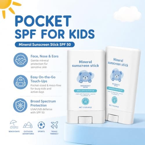 Kids Sun Cream Stick SPF 50+ - Mineral Sunscreen for Face & Body - UVA/UVB Broad Spectrum Protection - Water-Resistant & Fragrance-Free - Mess-Free Travel Size Suncream Stick for Children - 17g — view 3